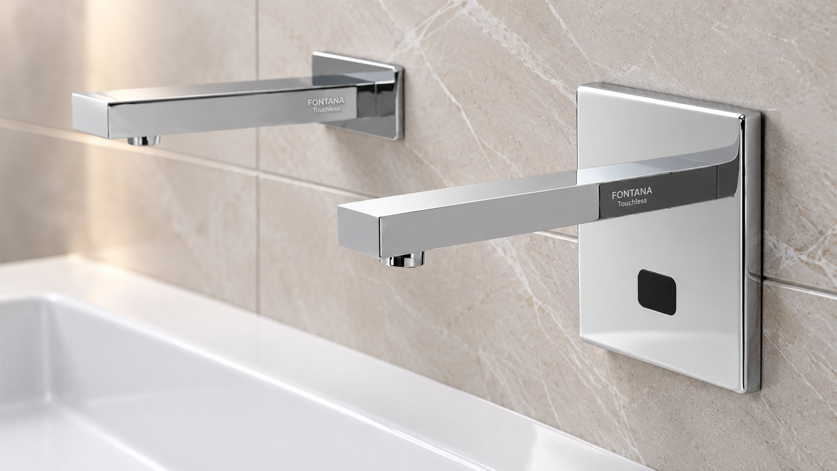 Wall-mounted touchless faucet spout alignment above multiple commercial restroom vessel sinks